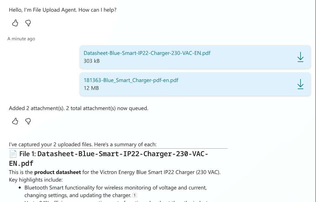 Chat confirmation showing queued attachment count after uploading files