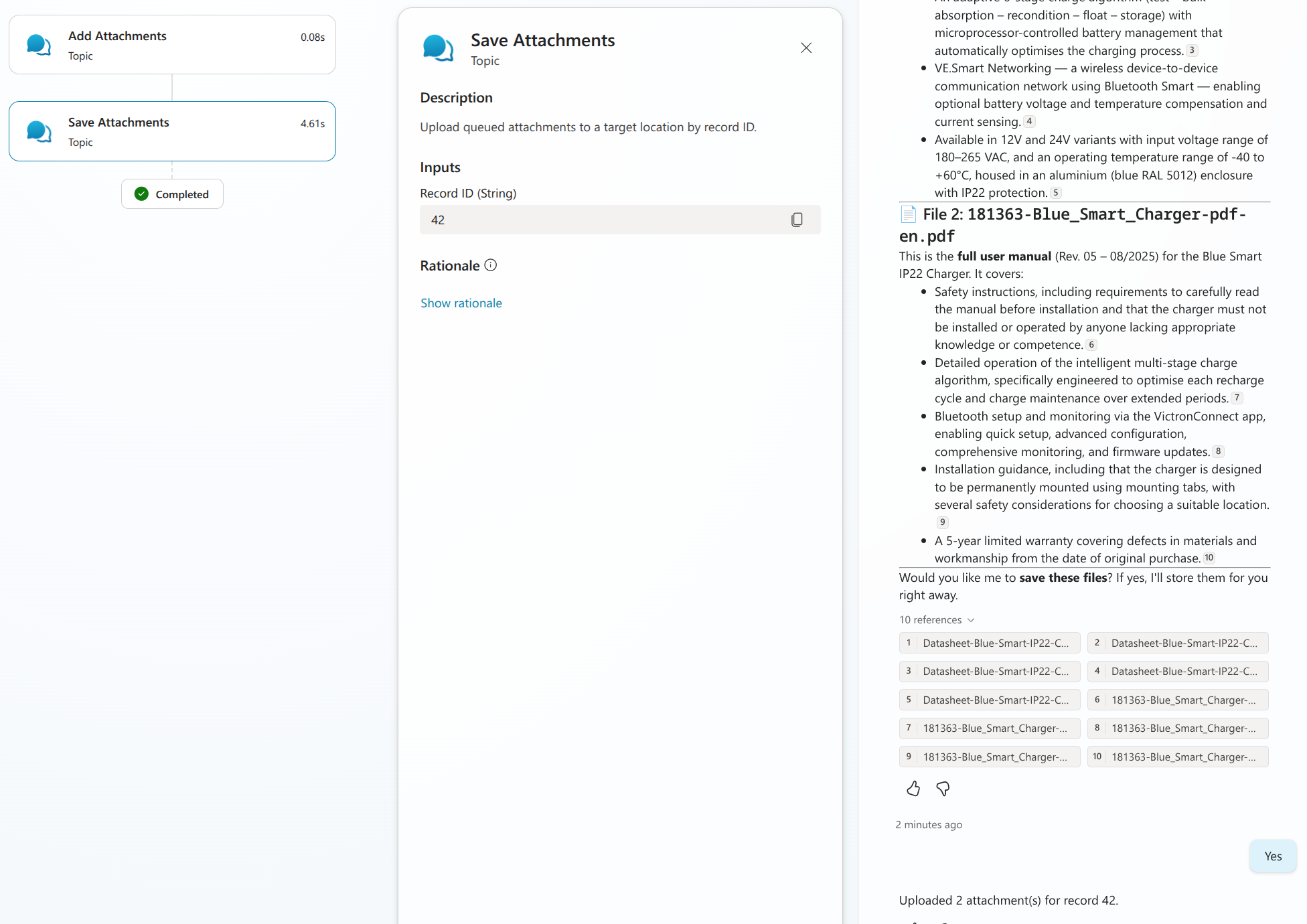Full chat conversation showing attachments queued and saved after providing a record ID