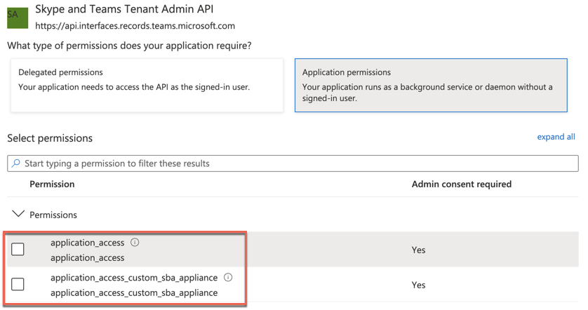 Skype and Teams Admin app permissions