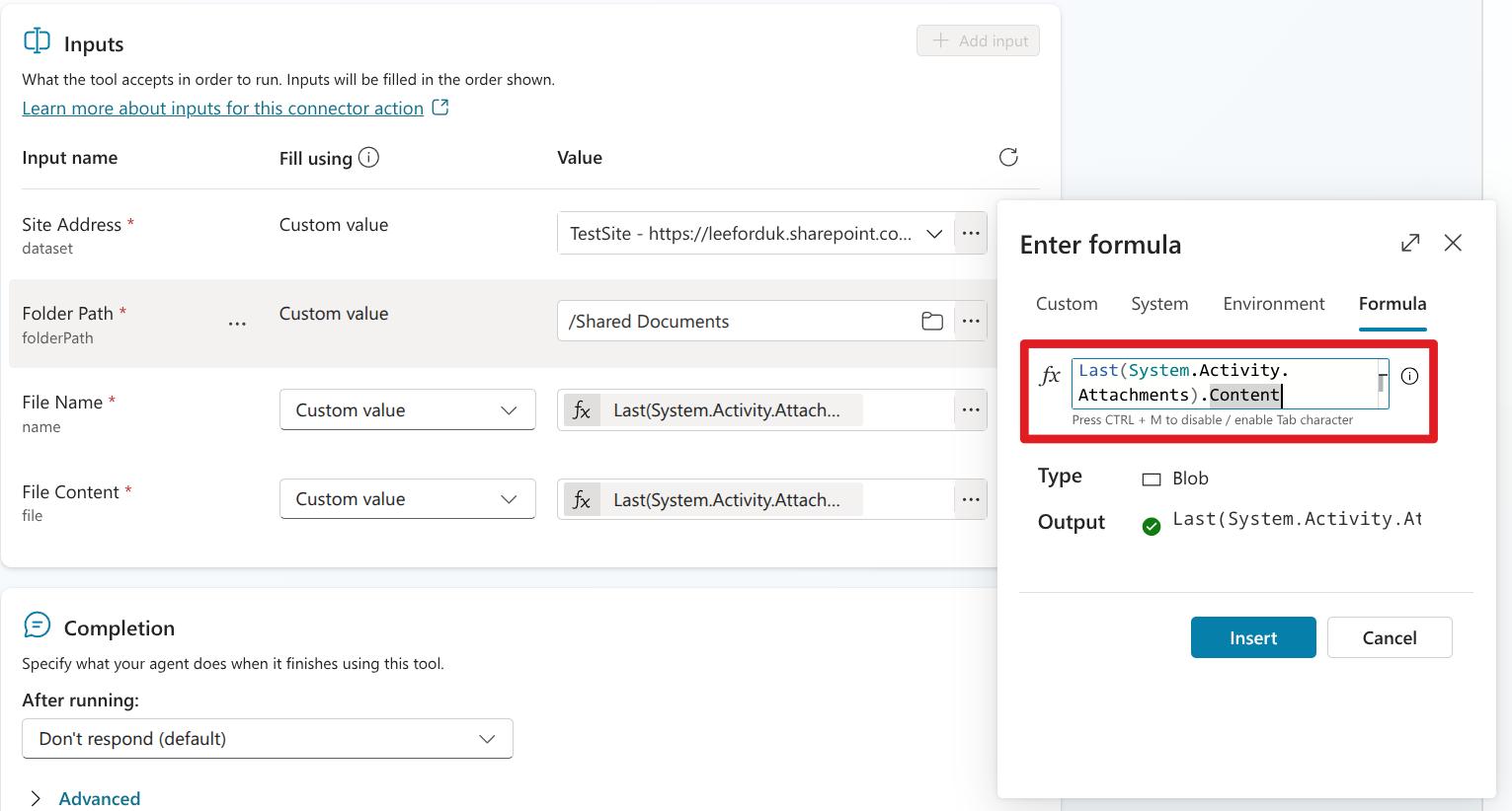 Single attachment example in Copilot Studio