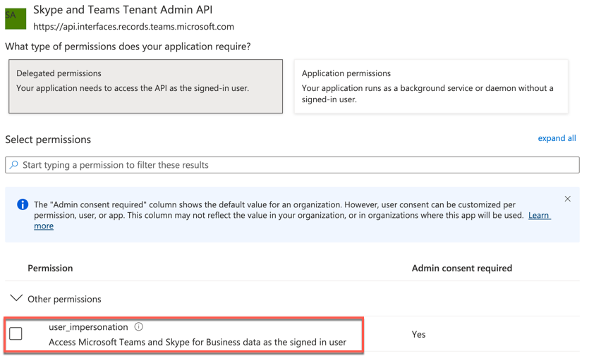 Skype and Teams Admin delegated permissions